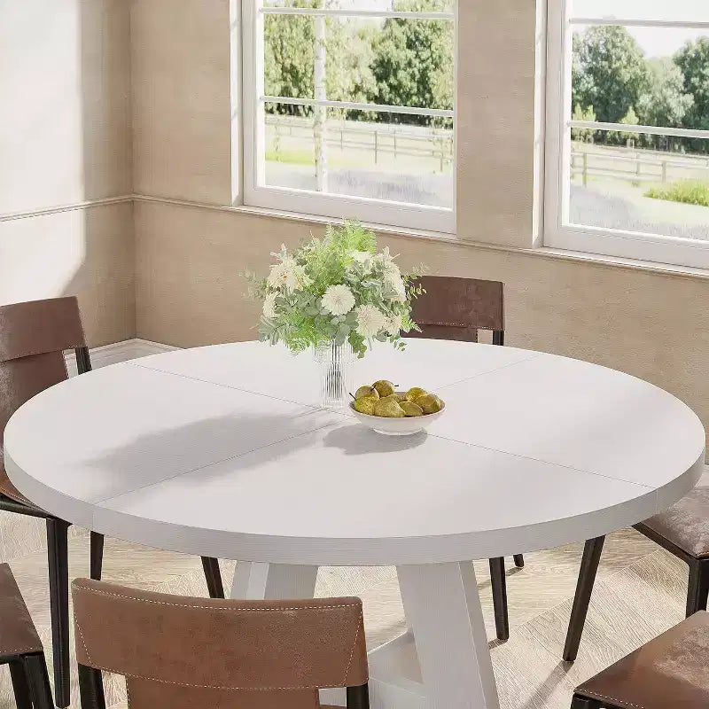 Grande table à manger ronde de ferme avec pied en croix – Table de cuisine en bois pour salle à manger et coin repas