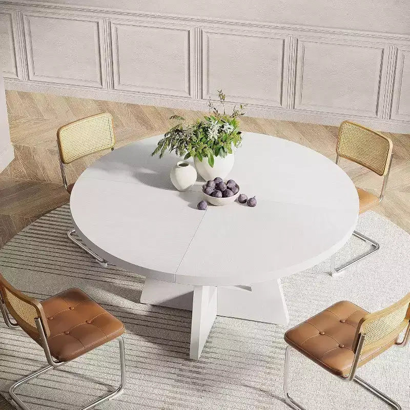 Grande table à manger ronde de ferme avec pied en croix – Table de cuisine en bois pour salle à manger et coin repas