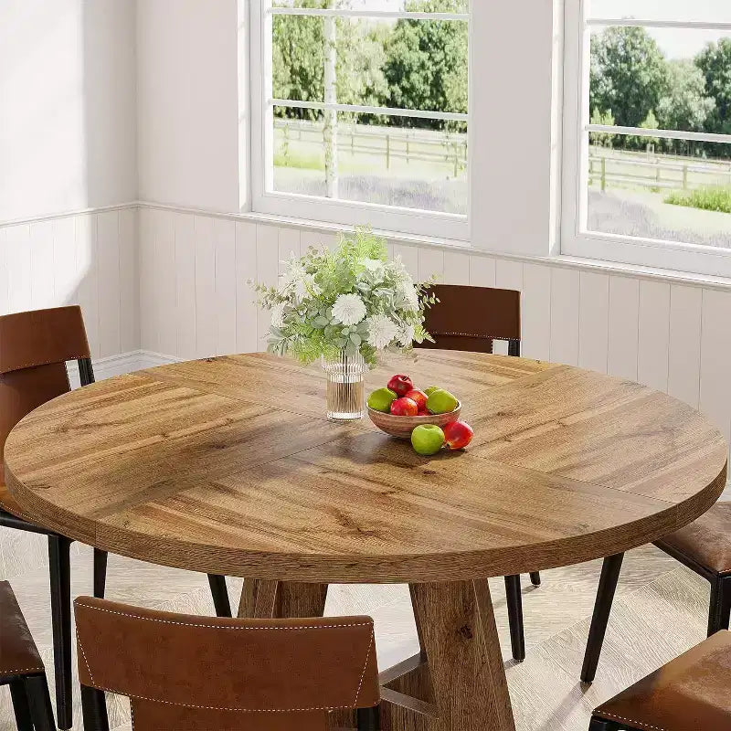 Grande table à manger ronde de ferme avec pied en croix – Table de cuisine en bois pour salle à manger et coin repas