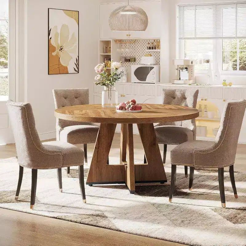 Grande table à manger ronde de ferme avec pied en croix – Table de cuisine en bois pour salle à manger et coin repas