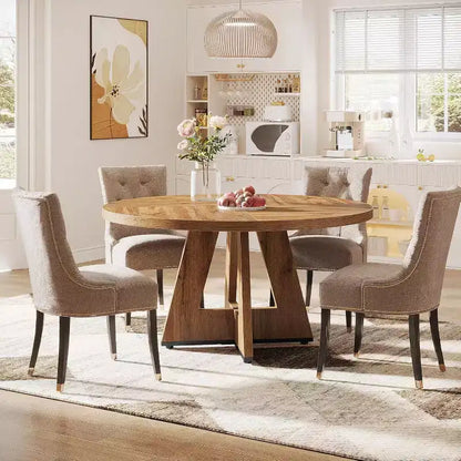 Grande table à manger ronde de ferme avec pied en croix – Table de cuisine en bois pour salle à manger et coin repas