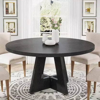 Okak Farmhouse Wood Large Round Dining Table with Cross Base,Wooden Kitchen Dinner Table for Dining Room,Breakfast Nook