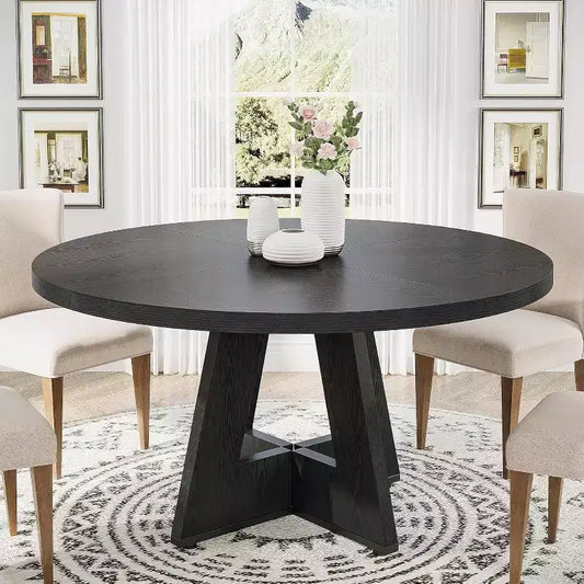 Okak Farmhouse Wood Large Round Dining Table with Cross Base,Wooden Kitchen Dinner Table for Dining Room,Breakfast Nook