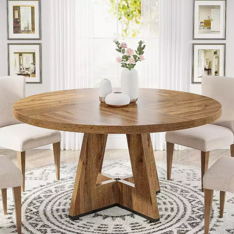 Grande table à manger ronde de ferme avec pied en croix – Table de cuisine en bois pour salle à manger et coin repas