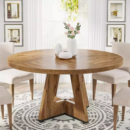 Grande table à manger ronde de ferme avec pied en croix – Table de cuisine en bois pour salle à manger et coin repas