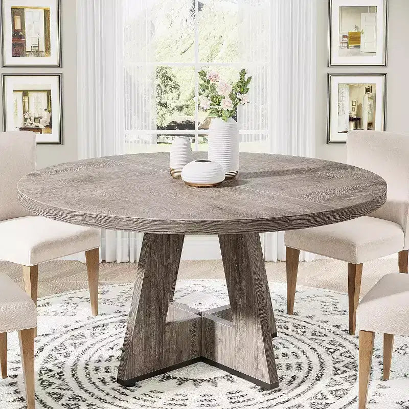 Grande table à manger ronde de ferme avec pied en croix – Table de cuisine en bois pour salle à manger et coin repas