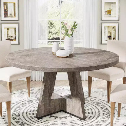 Grande table à manger ronde de ferme avec pied en croix – Table de cuisine en bois pour salle à manger et coin repas