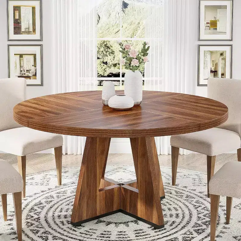 Grande table à manger ronde de ferme avec pied en croix – Table de cuisine en bois pour salle à manger et coin repas