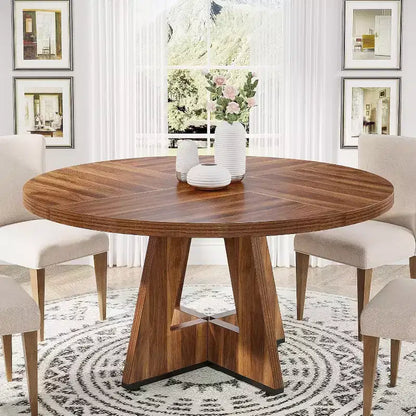 Grande table à manger ronde de ferme avec pied en croix – Table de cuisine en bois pour salle à manger et coin repas