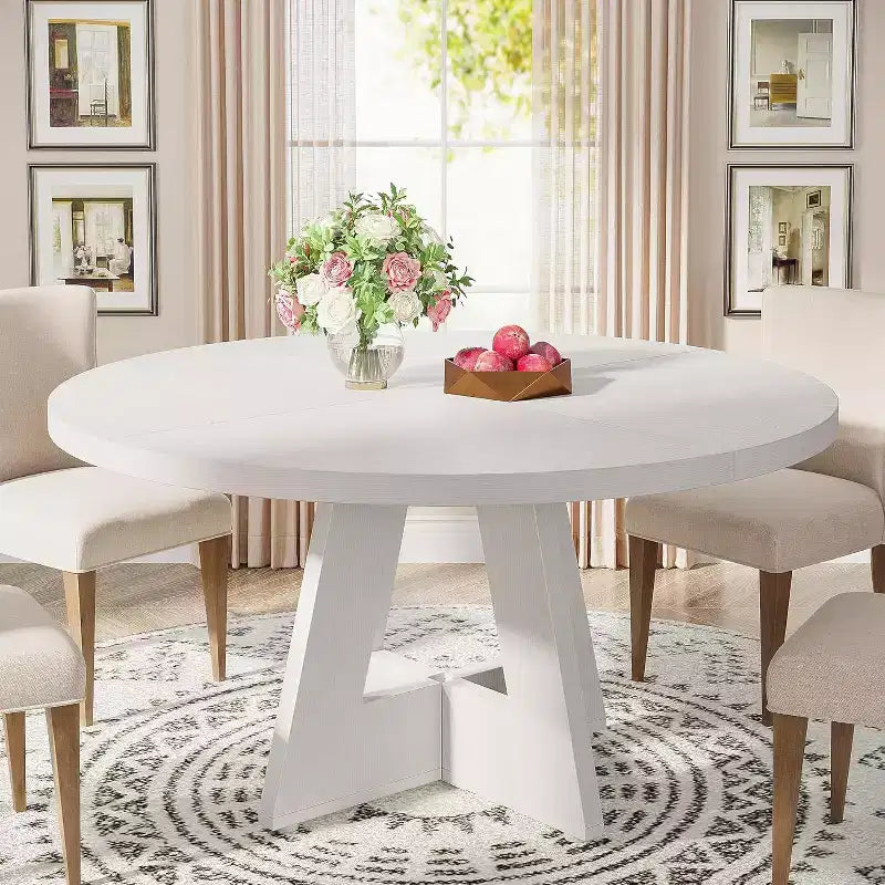 Grande table à manger ronde de ferme avec pied en croix – Table de cuisine en bois pour salle à manger et coin repas