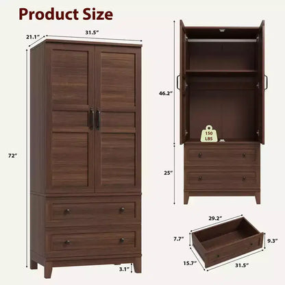Armoire de rangement avec 2 tiroirs et tringle à vêtements – Meuble haut en bois avec portes de 183 cm
