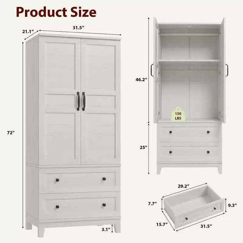 Armoire de rangement avec 2 tiroirs et tringle à vêtements – Meuble haut en bois avec portes de 183 cm