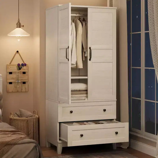 Coolmee Armoire Wardrobe Closet with 2 Drawers, 72 Wooden Wardrobe Cabinet with Hanging Rod, Tall Clothing Armoire Cabinet with Doors