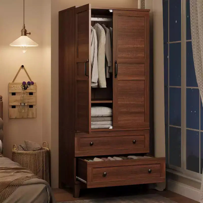 Armoire de rangement avec 2 tiroirs et tringle à vêtements – Meuble haut en bois avec portes de 183 cm