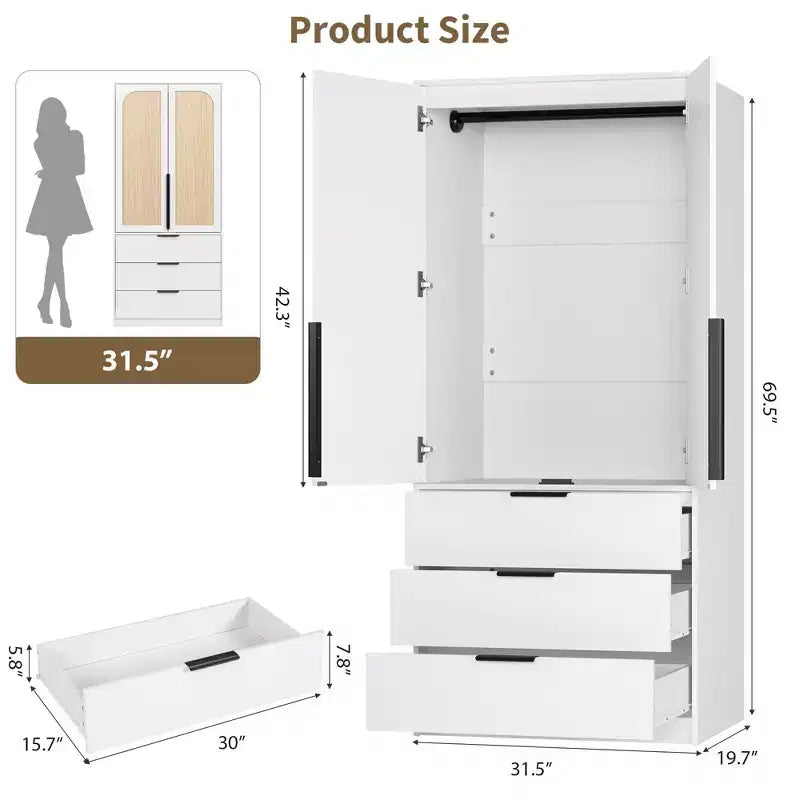Armoire penderie en rotin avec 3 tiroirs et 2 portes – Grande armoire de chambre en bois pour suspendre les vêtements
