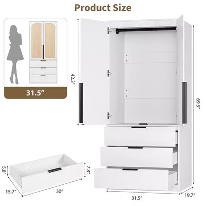 Armoire penderie en rotin avec 3 tiroirs et 2 portes – Grande armoire de chambre en bois pour suspendre les vêtements