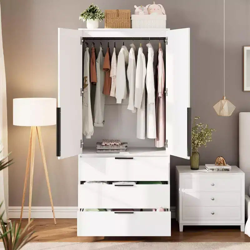 Armoire penderie en rotin avec 3 tiroirs et 2 portes – Grande armoire de chambre en bois pour suspendre les vêtements