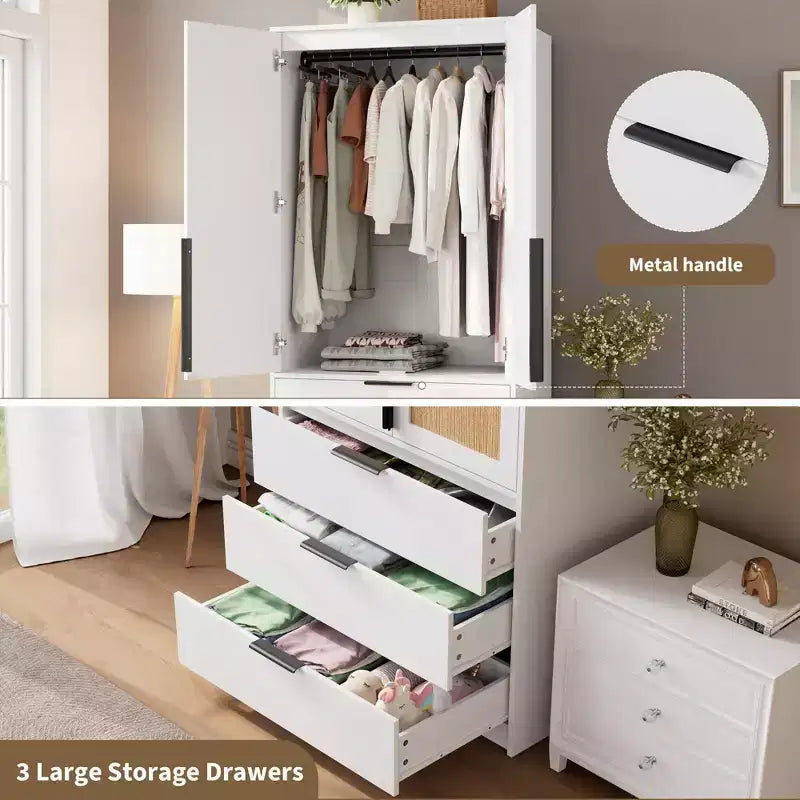 Armoire penderie en rotin avec 3 tiroirs et 2 portes – Grande armoire de chambre en bois pour suspendre les vêtements