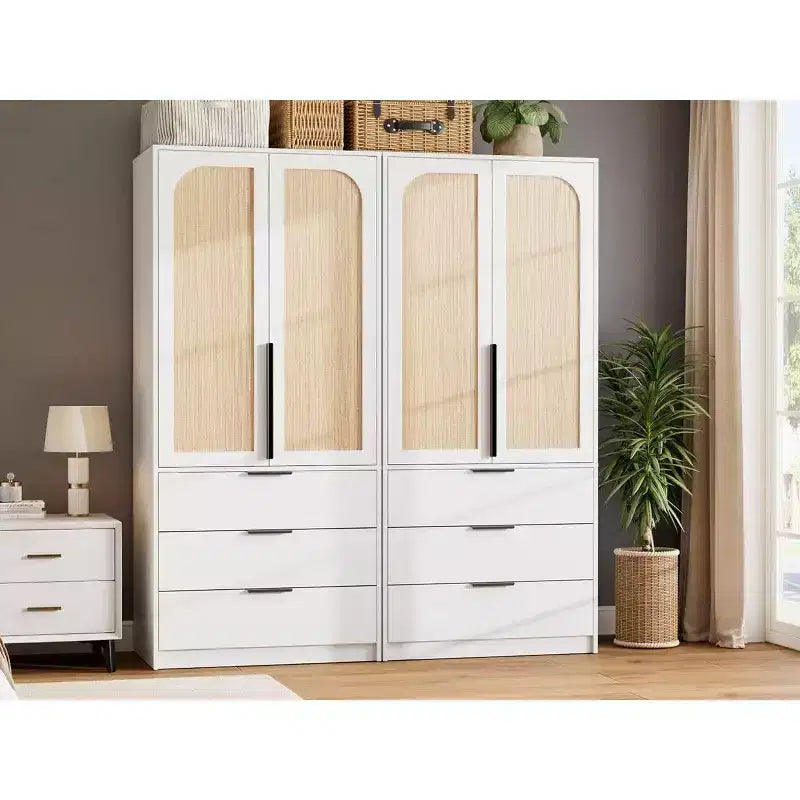 Armoire penderie en rotin avec 3 tiroirs et 2 portes – Grande armoire de chambre en bois pour suspendre les vêtements