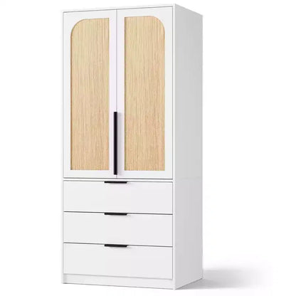 Armoire penderie en rotin avec 3 tiroirs et 2 portes – Grande armoire de chambre en bois pour suspendre les vêtements