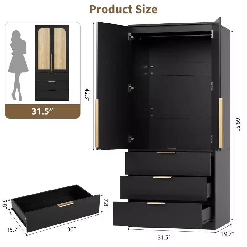 Armoire penderie en rotin avec 3 tiroirs et 2 portes – Grande armoire de chambre en bois pour suspendre les vêtements