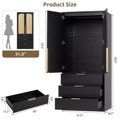 Armoire penderie en rotin avec 3 tiroirs et 2 portes – Grande armoire de chambre en bois pour suspendre les vêtements