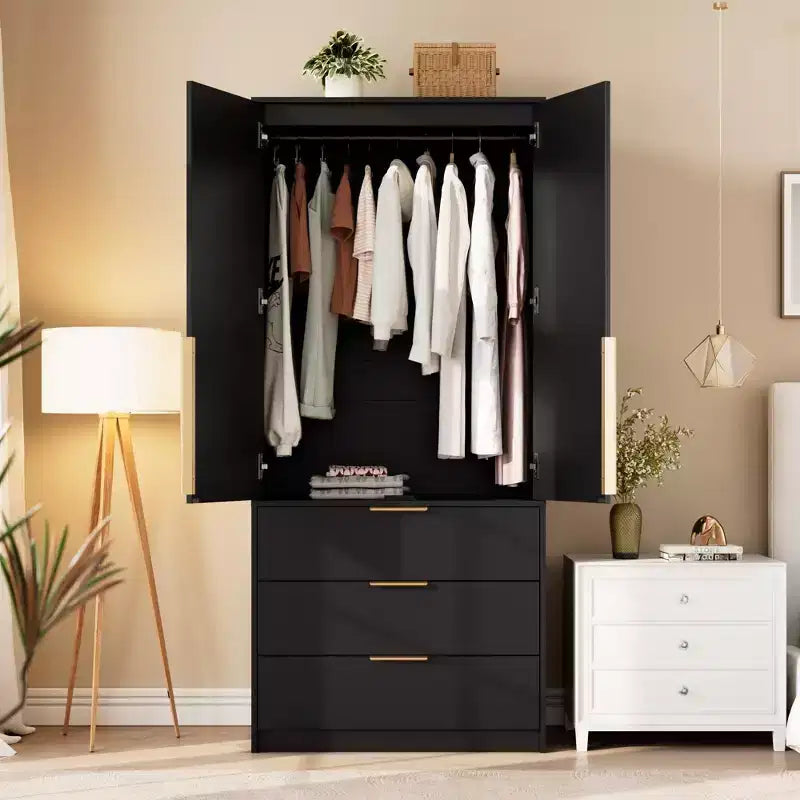 Armoire penderie en rotin avec 3 tiroirs et 2 portes – Grande armoire de chambre en bois pour suspendre les vêtements