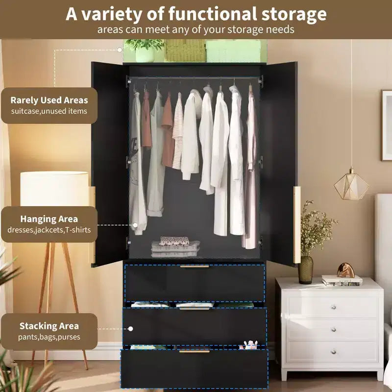 Armoire penderie en rotin avec 3 tiroirs et 2 portes – Grande armoire de chambre en bois pour suspendre les vêtements