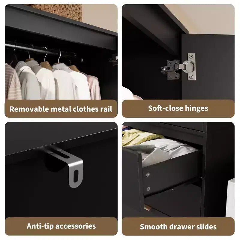 Armoire penderie en rotin avec 3 tiroirs et 2 portes – Grande armoire de chambre en bois pour suspendre les vêtements