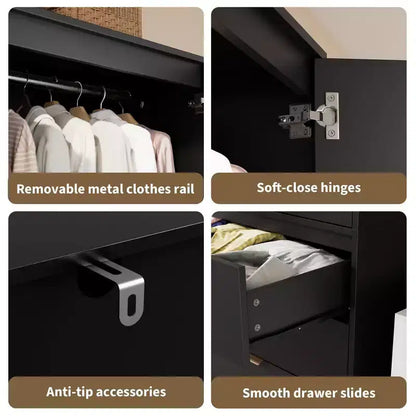 Armoire penderie en rotin avec 3 tiroirs et 2 portes – Grande armoire de chambre en bois pour suspendre les vêtements