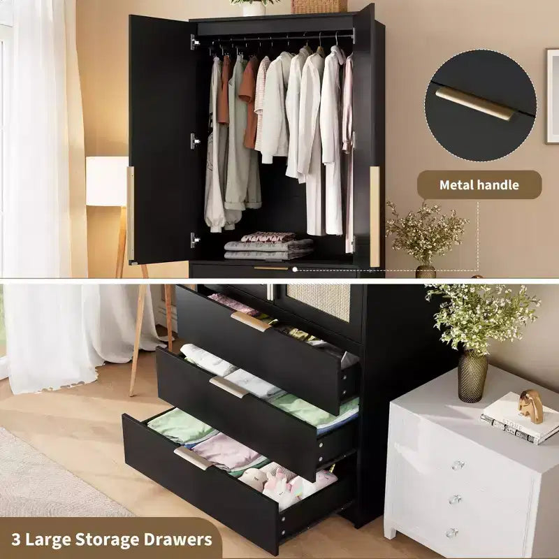 Armoire penderie en rotin avec 3 tiroirs et 2 portes – Grande armoire de chambre en bois pour suspendre les vêtements