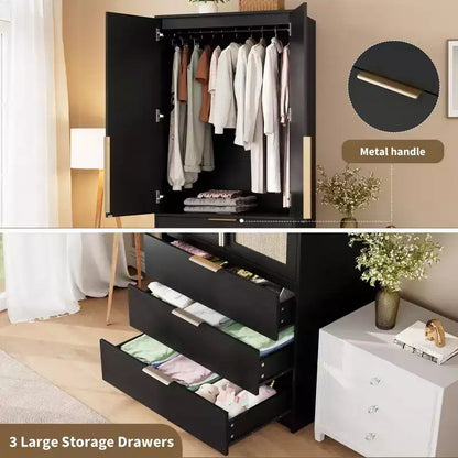 Armoire penderie en rotin avec 3 tiroirs et 2 portes – Grande armoire de chambre en bois pour suspendre les vêtements