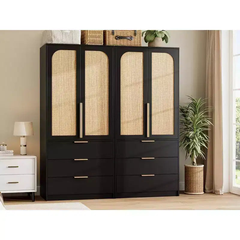 Armoire penderie en rotin avec 3 tiroirs et 2 portes – Grande armoire de chambre en bois pour suspendre les vêtements