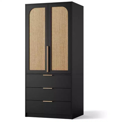 Armoire penderie en rotin avec 3 tiroirs et 2 portes – Grande armoire de chambre en bois pour suspendre les vêtements