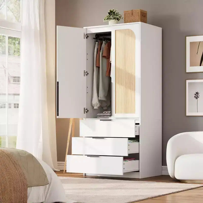 Armoire penderie en rotin avec 3 tiroirs et 2 portes – Grande armoire de chambre en bois pour suspendre les vêtements